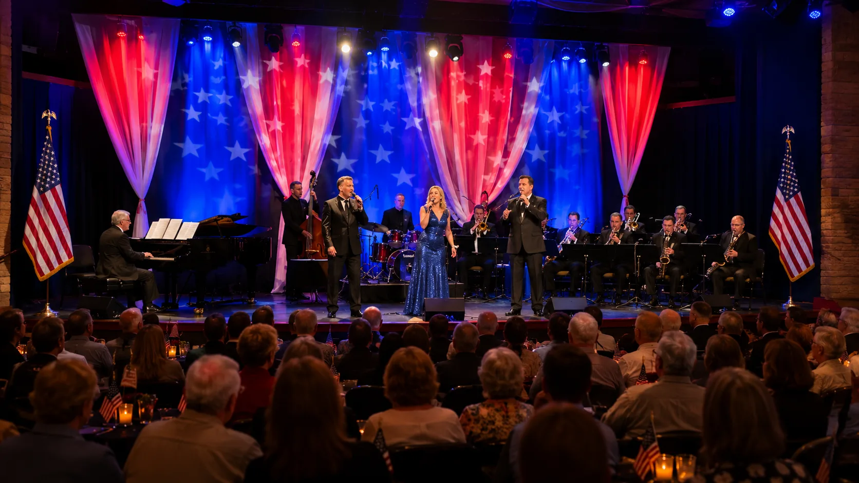 Patriotic concert stage with red white and blue lighting and an audience.