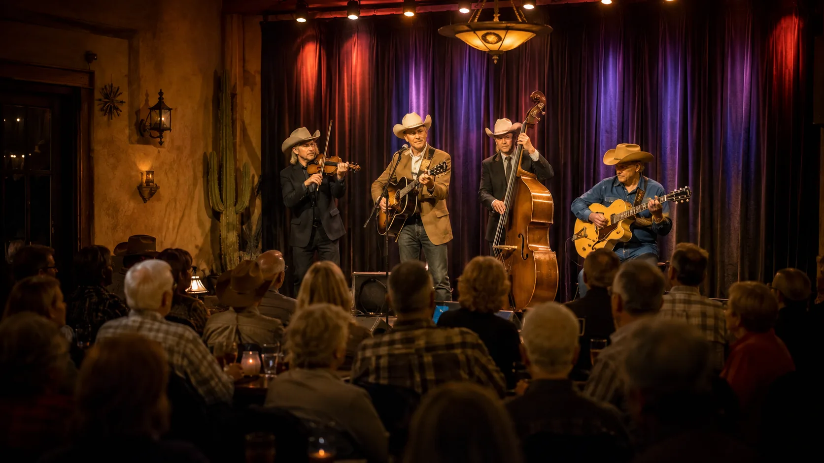 Western swing band performing on stage for an Oro Valley audience.