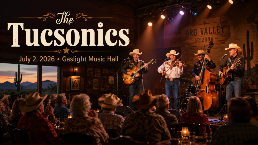 Western swing band performing at Gaslight Music Hall for The Tucsonics Oro Valley event.