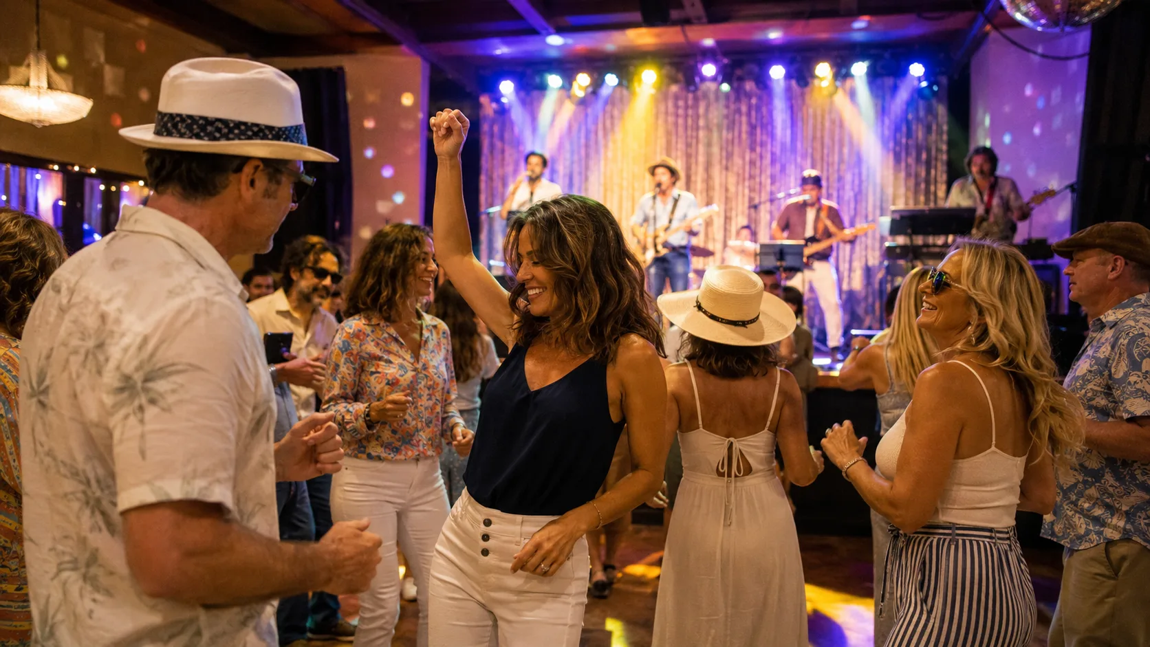 Guests dancing during a lively yacht rock music hall event in Oro Valley.