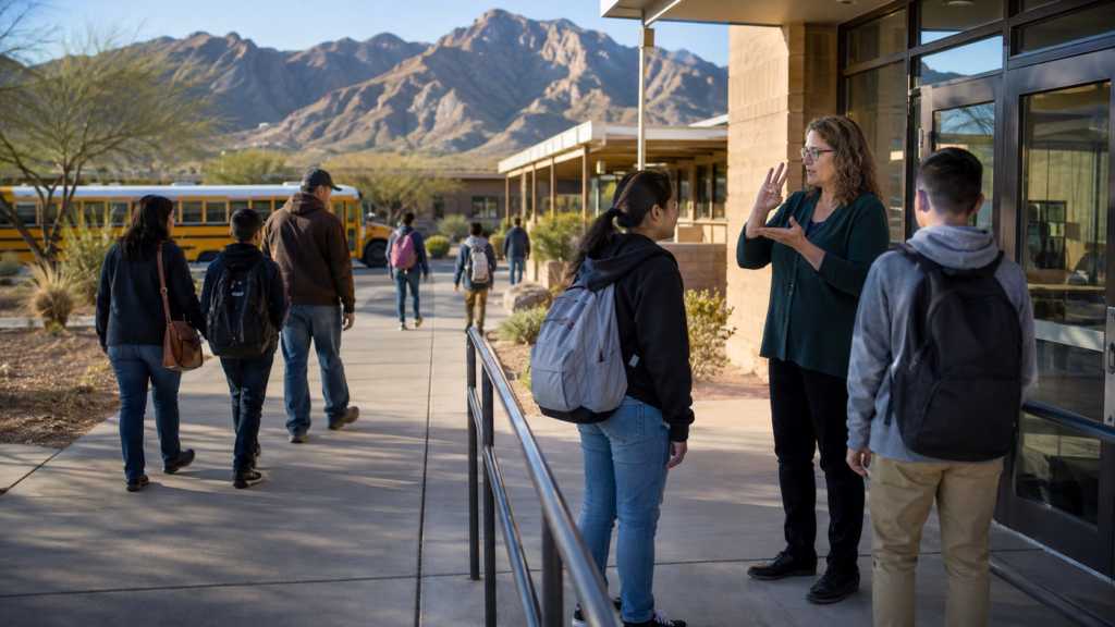 Students arriving at an accessible Oro Valley school while a teacher communicates in sign language