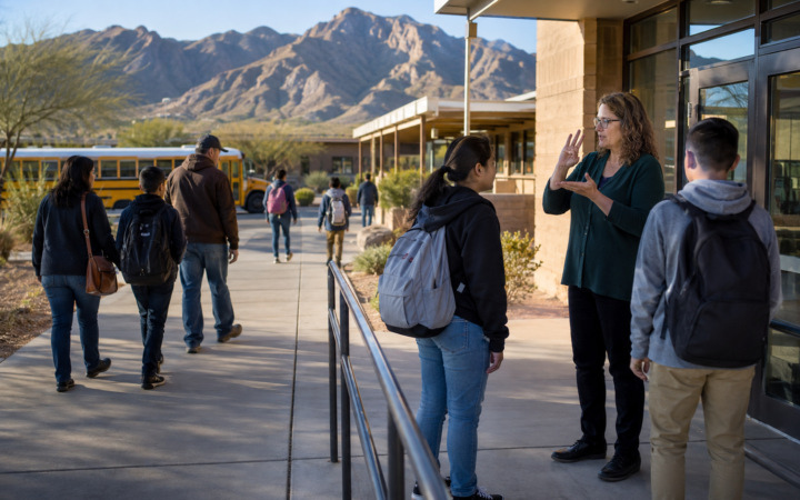 Students arriving at an accessible Oro Valley school while a teacher communicates in sign language
