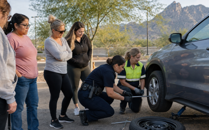 Women learning how to change a tire during an Oro Valley community car-care class
