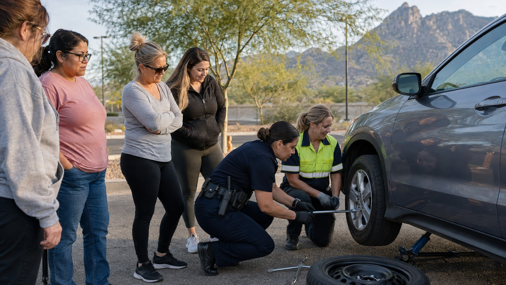 Women learning how to change a tire during an Oro Valley community car-care class