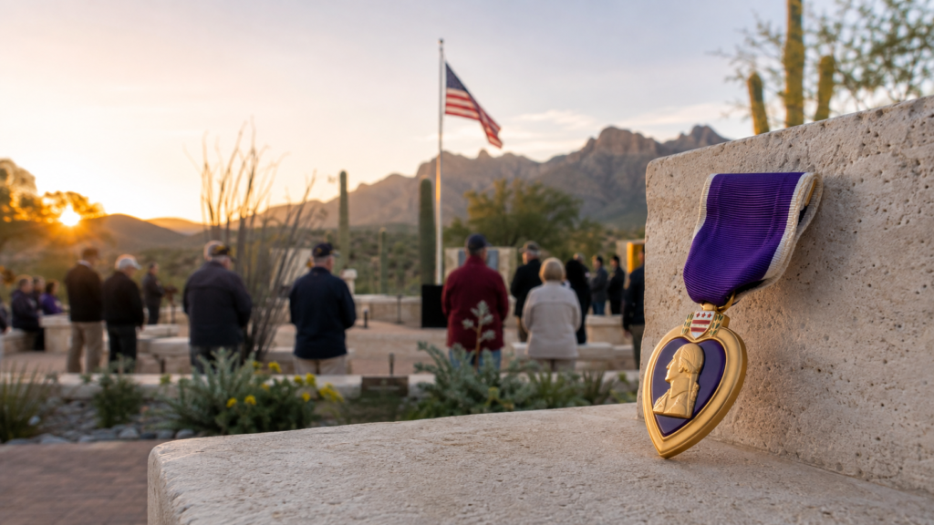 Purple Heart medal displayed at a desert memorial garden during sunrise