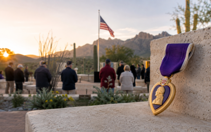Purple Heart medal displayed at a desert memorial garden during sunrise