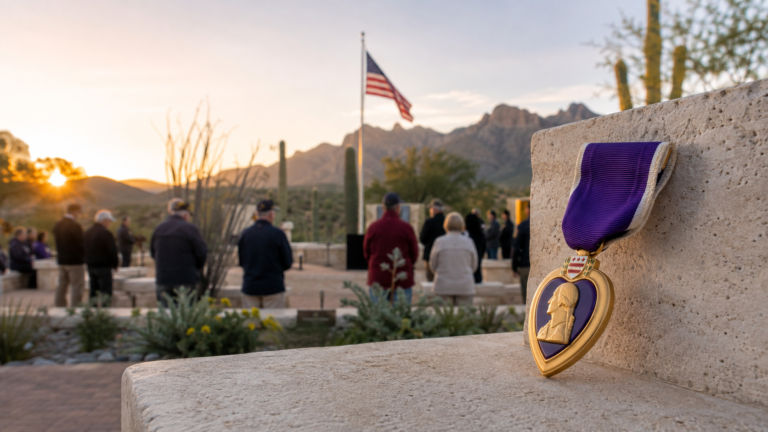 Purple Heart medal displayed at a desert memorial garden during sunrise