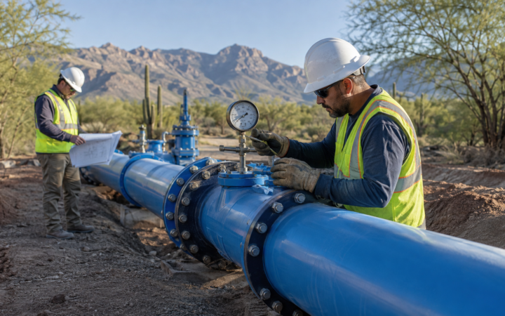 Water utility workers inspecting a large transmission pipeline in the Oro Valley desert