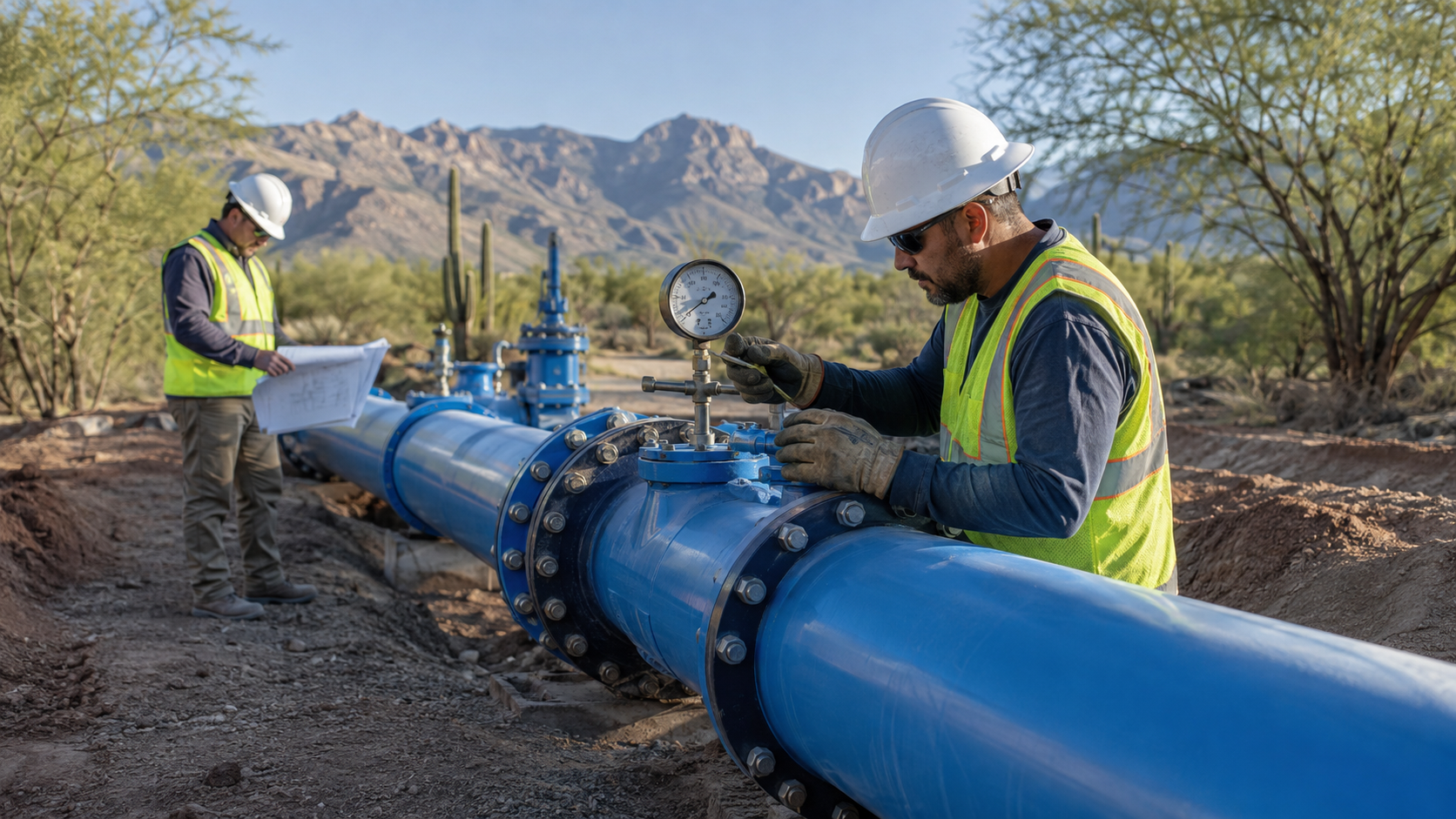 Water utility workers inspecting a large transmission pipeline in the Oro Valley desert